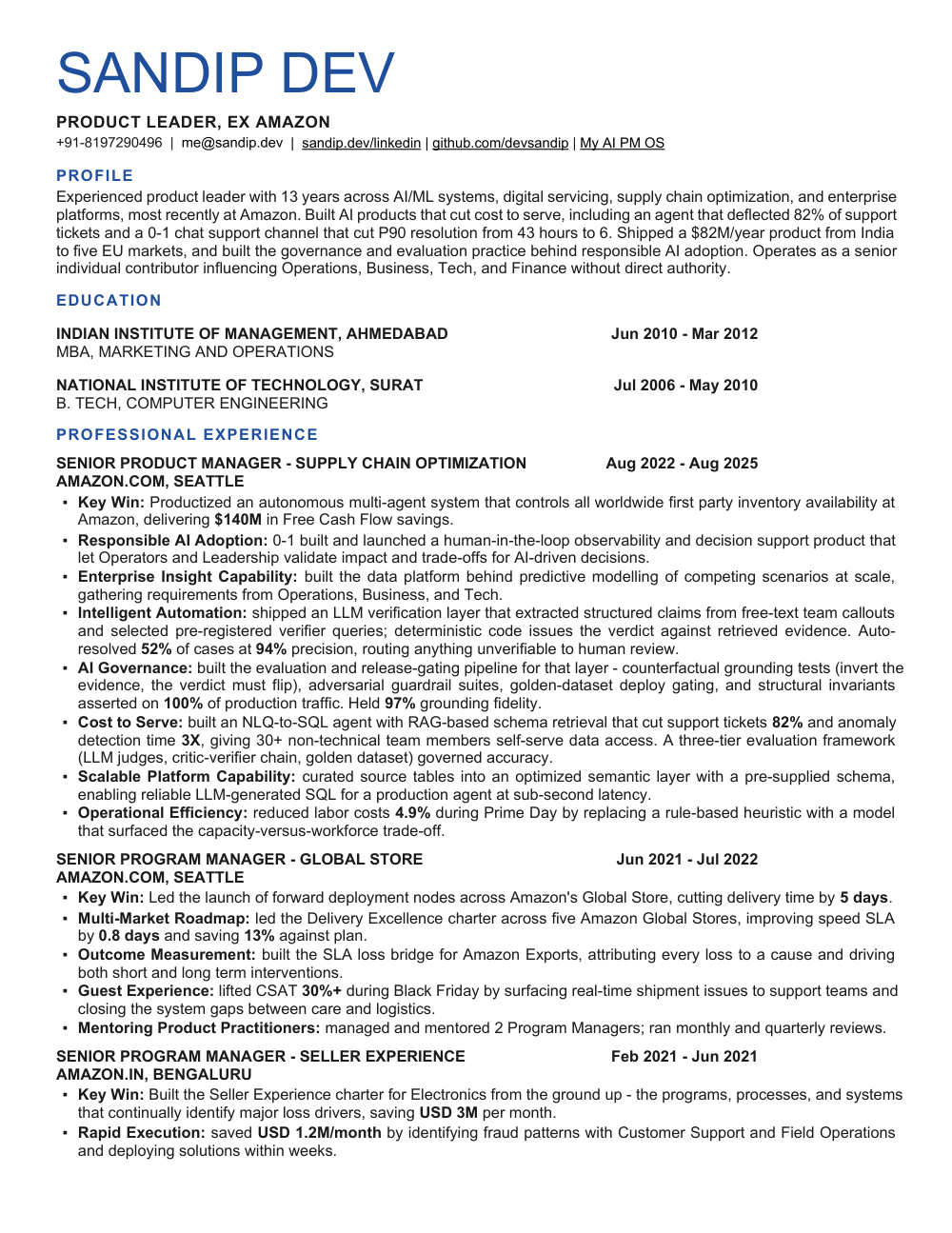 Page one of Sandip Dev's resume